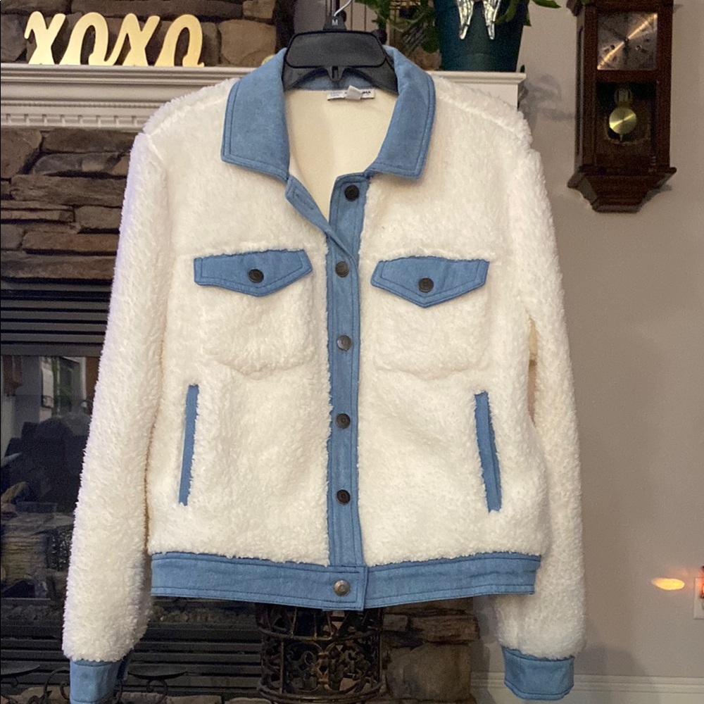 Women's White and Blue Sherpa Jacket